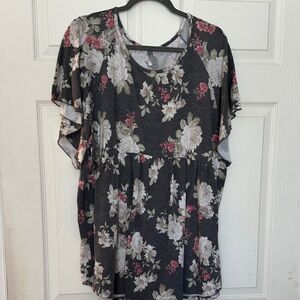 Honeyme Charcoal Floral Flutter-Sleeve Peplum Top with Pink & Cream Blooms